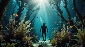 underwater diver with a view of the underwater forest photo