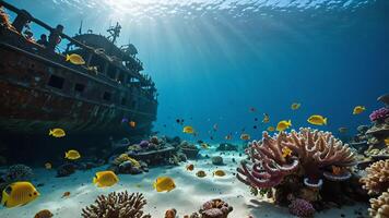 scuba divers are in the water near the wrecks of buildings and sunken objects photo