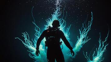 divers under the dark sea with beautiful views of glowing plants photo