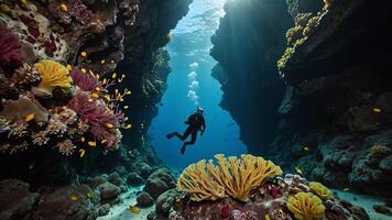 divers are exploring underwater cliff, deep sea underwater cliff views photo