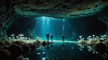 divers are exploring underwater caves, deep sea underwater cave views photo