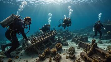 scuba divers are in the water near the wrecks of buildings and sunken objects photo