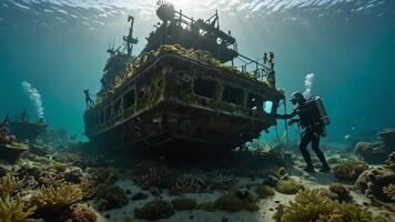 scuba divers are in the water near the wrecks of buildings and sunken objects photo