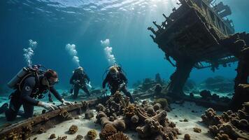 scuba divers are in the water near the wrecks of buildings and sunken objects photo