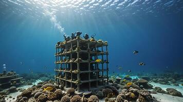 scuba divers are in the water near the wrecks of buildings and sunken objects photo