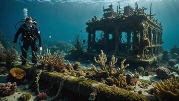scuba divers are in the water near the wrecks of buildings and sunken objects photo