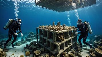 scuba divers are in the water near the wrecks of buildings and sunken objects photo