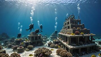 scuba divers are in the water near the wrecks of buildings and sunken objects photo