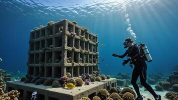 scuba divers are in the water near the wrecks of buildings and sunken objects photo