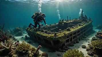 scuba divers are in the water near the wrecks of buildings and sunken objects photo