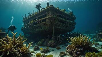 scuba divers are in the water near the wrecks of buildings and sunken objects photo