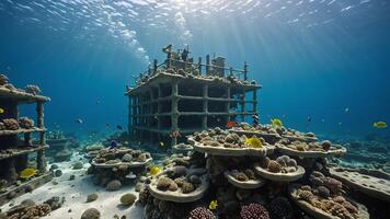scuba divers are in the water near the wrecks of buildings and sunken objects photo