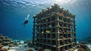 scuba divers are in the water near the wrecks of buildings and sunken objects photo