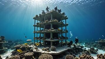 scuba divers are in the water near the wrecks of buildings and sunken objects photo