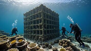 scuba divers are in the water near the wrecks of buildings and sunken objects photo
