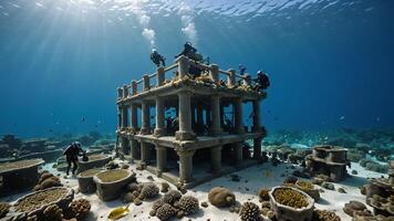 scuba divers are in the water near the wrecks of buildings and sunken objects photo
