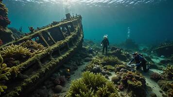 scuba divers are in the water near the wrecks of buildings and sunken objects photo
