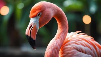 flamingos standing next to each other in a tropical forest photo