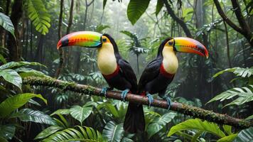 toucans perched on a branch in the jungle photo