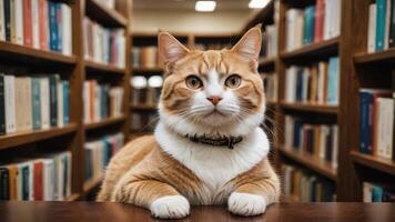 cat sitting on a table in front of bookshelves photo