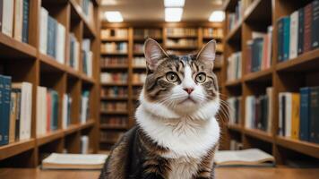 cat sitting on a table in front of bookshelves photo