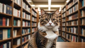 cat sitting on a table in front of bookshelves photo