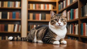 cat sitting on a table in front of bookshelves photo