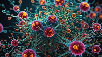 Abstract colorful microscopic structure of cells, neurons, veins, splash, circulation lines, microorganisms, micro dimensions photo