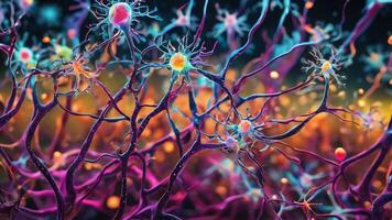 Abstract colorful microscopic structure of cells, neurons, veins, splash, circulation lines, microorganisms, micro dimensions photo