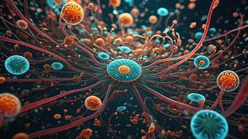 Abstract colorful microscopic structure of cells, neurons, veins, splash, circulation lines, microorganisms, micro dimensions photo