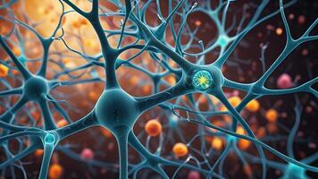 Abstract colorful microscopic structure of cells, neurons, veins, splash, circulation lines, microorganisms, micro dimensions photo