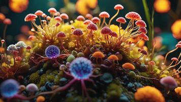 Abstract colorful microscopic structure of cells, neurons, veins, splash, circulation lines, microorganisms, micro dimensions photo
