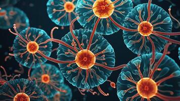 Abstract colorful microscopic structure of cells, neurons, veins, splash, circulation lines, microorganisms, micro dimensions photo