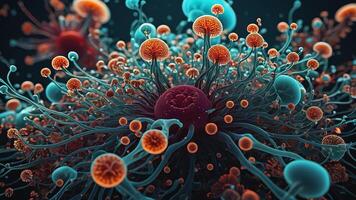 Abstract colorful microscopic structure of cells, neurons, veins, splash, circulation lines, microorganisms, micro dimensions photo
