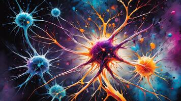 Abstract colorful microscopic structure of cells, neurons, veins, splash, circulation lines, microorganisms, micro dimensions photo
