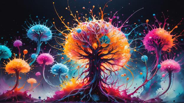 Abstract colorful microscopic structure of cells, neurons, veins, splash, circulation lines, microorganisms, micro dimensions photo