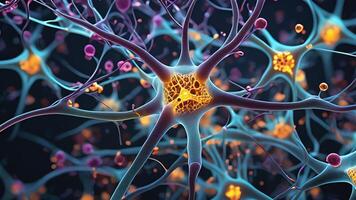 Abstract colorful microscopic structure of cells, neurons, veins, splash, circulation lines, microorganisms, micro dimensions photo