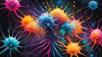 Abstract colorful microscopic structure of cells, neurons, veins, splash, circulation lines, microorganisms, micro dimensions photo
