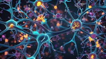 Abstract colorful microscopic structure of cells, neurons, veins, splash, circulation lines, microorganisms, micro dimensions photo