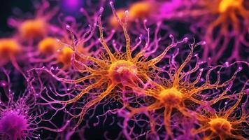 Abstract colorful microscopic structure of cells, neurons, veins, splash, circulation lines, microorganisms, micro dimensions photo