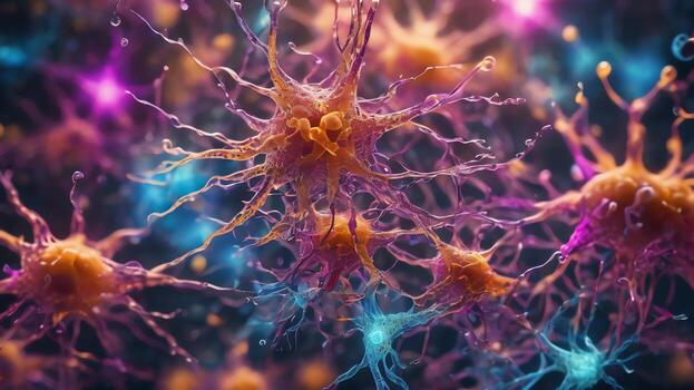 Abstract colorful microscopic structure of cells, neurons, veins, splash, circulation lines, microorganisms, micro dimensions photo