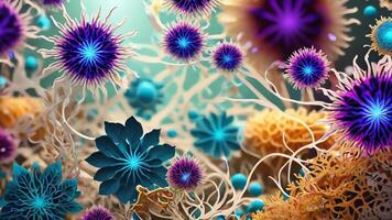 Abstract colorful microscopic structure of cells, neurons, veins, splash, circulation lines, microorganisms, micro dimensions photo