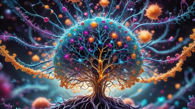 Abstract colorful microscopic structure of cells, neurons, veins, splash, circulation lines, microorganisms, micro dimensions photo