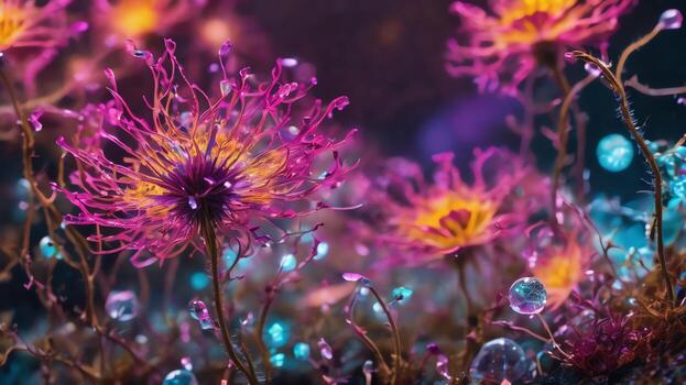 Abstract colorful microscopic structure of cells, neurons, veins, splash, circulation lines, microorganisms, micro dimensions photo