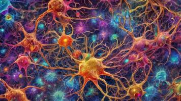 Abstract colorful microscopic structure of cells, neurons, veins, splash, circulation lines, microorganisms, micro dimensions photo