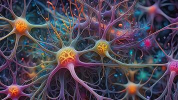 Abstract colorful microscopic structure of cells, neurons, veins, splash, circulation lines, microorganisms, micro dimensions photo