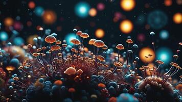 Abstract colorful microscopic structure of cells, neurons, veins, splash, circulation lines, microorganisms, micro dimensions photo