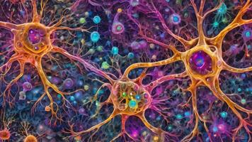 Abstract colorful microscopic structure of cells, neurons, veins, splash, circulation lines, microorganisms, micro dimensions photo