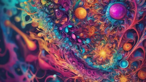 Abstract colorful microscopic structure of cells, neurons, veins, splash, circulation lines, microorganisms, micro dimensions photo