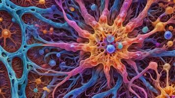 Abstract colorful microscopic structure of cells, neurons, veins, splash, circulation lines, microorganisms, micro dimensions photo